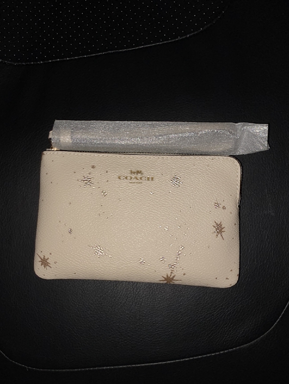 COACH Cream Leather Star-Print Zip Pouch with Gold Accents
